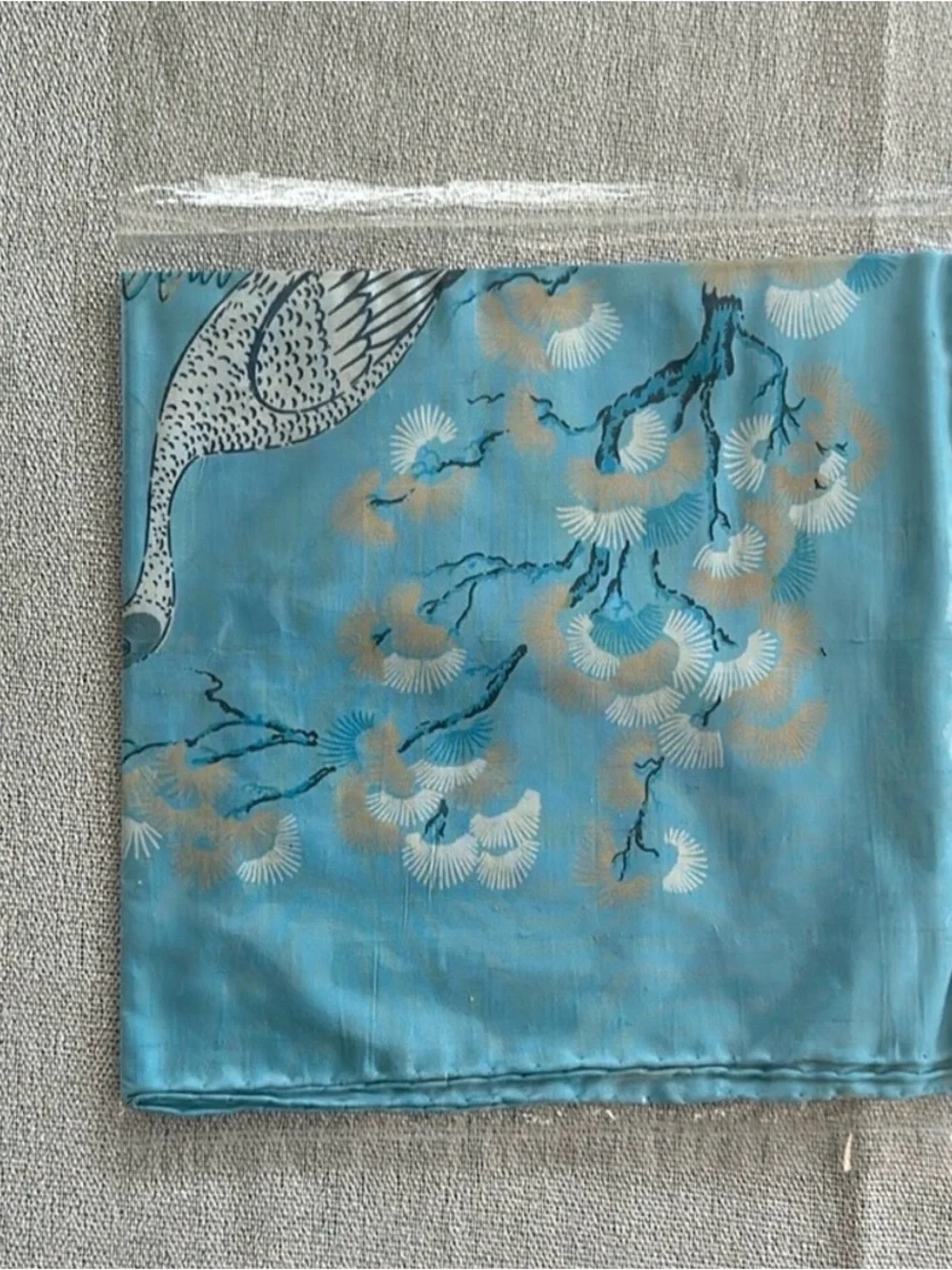 Blue Silk Scarf with Crane and Floral Motif